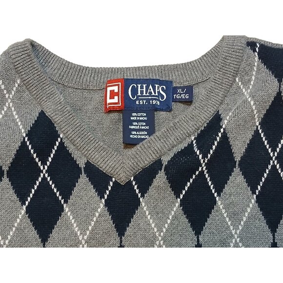 Chaps Mens Argyle Sweater Vest Gray Blue Vneck Ribbed Hem Size XL - Picture 4 of 6